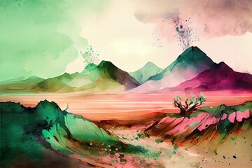 surreal watercolor abstract landscape in, a painting of a lake and mountains, illustration with sky art