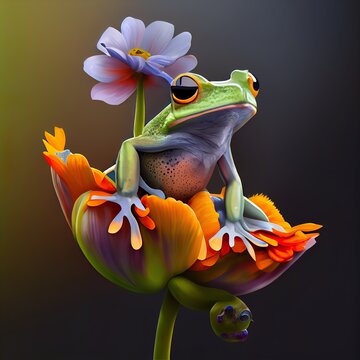stunning colourful illustration of cu, a frog holding a flower, illustration with flower plant