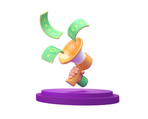 Megaphone with Cash. 3D Illustration