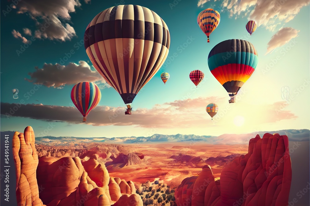 Wall mural photorealistic illustration of hot air, a group of hot air balloons in the sky, illustration with sky cloud - Wall murals