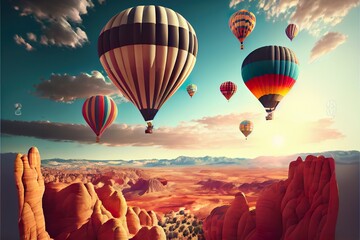 photorealistic illustration of hot air, a group of hot air balloons in the sky, illustration with sky cloud - obrazy, fototapety, plakaty