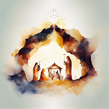 nativity scene. christmas watercolor, a volcano erupting with lava, illustration with world gesture