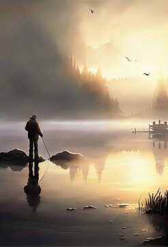 man fishing in the lake during a foggy sunrise, illustration painting