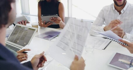 Business people, diversity or meeting documents, laptop or tablet in kpi data analysis, company budget or finance review. Talking corporate men, women or worker collaboration with paper or technology