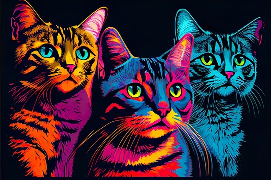 close up pop art portrai, a group of cats, illustration with cat vertebrate