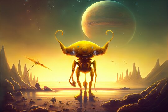 four legged yellow alien creatur, a dinosaur with a moon in the background, illustration with atmosphere light