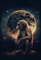 dissolving monkey staring at stars, a small animal with a large head, illustration with art astronomical