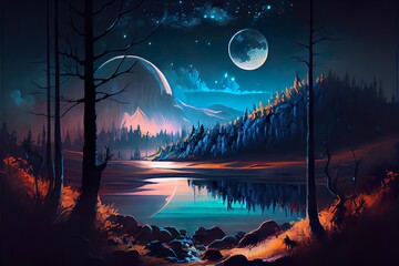 digital oil paintings landscape, artwork, a body of water with trees around it and a moon in the sky, illustration with water atmosphere