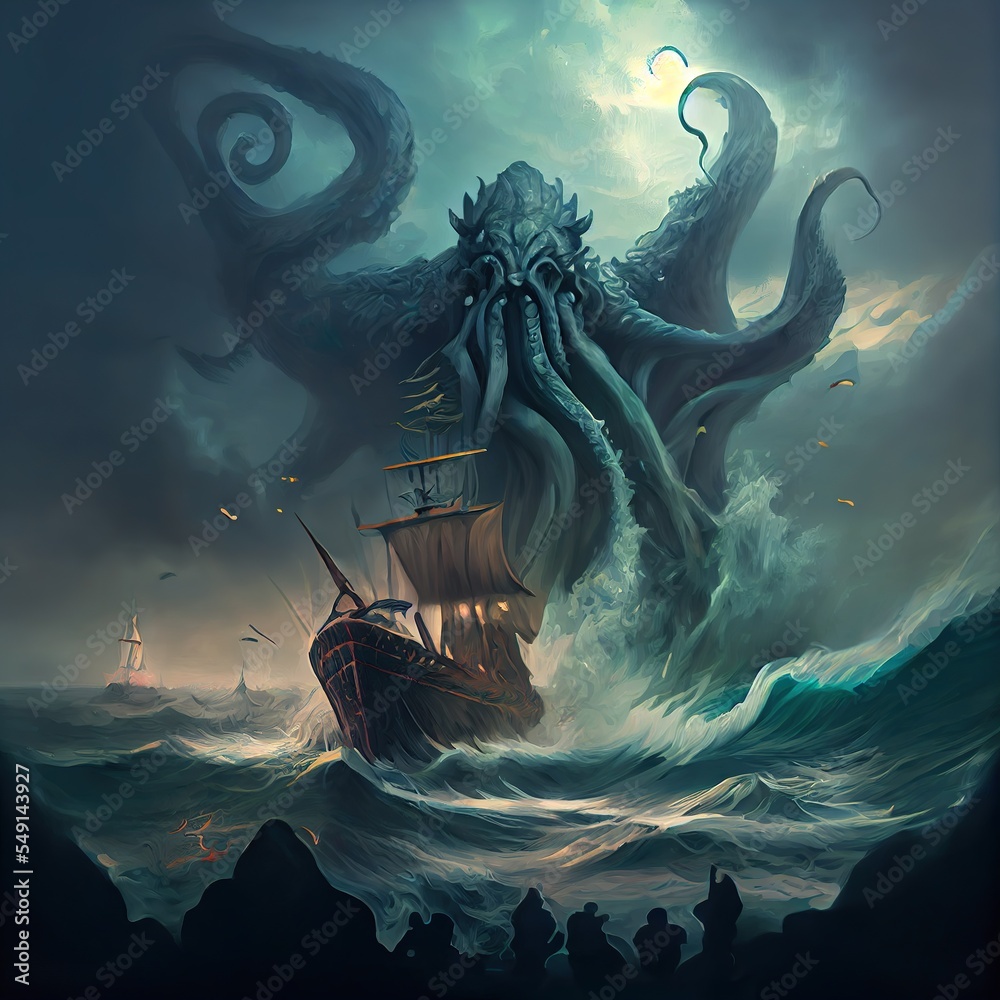 Canvas Prints dark fantasy scene showing, a ship in the water with a large ship and a large moon in the background