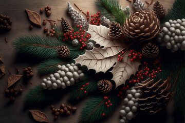 Festive winter decor background illustration, fir branches, pinecones