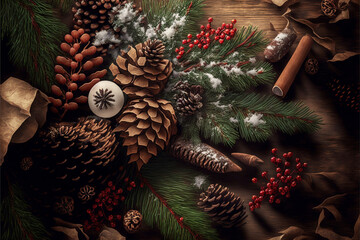Festive winter decor background illustration, fir branches, pinecones
