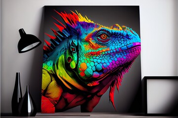colorful iguana pop art portrai, a colorful bird with a black background, illustration with iguania rectangle