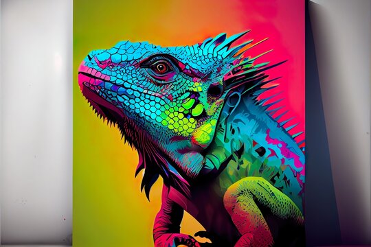 colorful iguana pop art portrai, a person with a mask, illustration with iguania organism