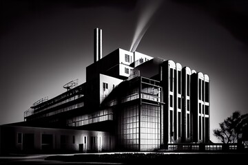 black and white abstract industrial, a building with a large glass front, illustration with atmosphere building