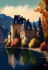 Obraz premium utumn painting, a castle on a hill by a lake, illustration with water building