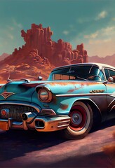 uto, retro car paintings, a car parked in front of a mountain, illustration with car vehicle