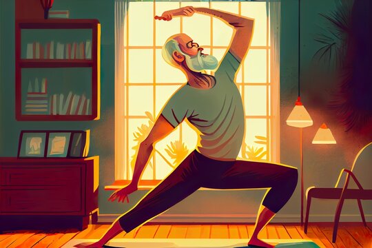 an illustration of a man practicing yoga at home