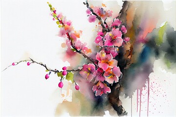 bstract painting watercolor original of, a branch with pink flowers, illustration with flower plant