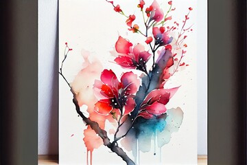 bstract painting watercolor original of, a close up of a flower, illustration with plant branch
