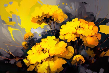 bstract painting of vibrant yellow, a close-up of a fire, illustration with flower plant