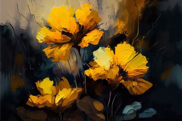 bstract painting of vibrant yellow, a pile of yellow and orange leaves, illustration with plant flower