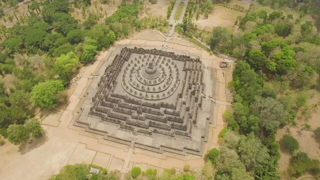 aerial view buddist temple Borobudur complex in Yogjakarta Java, indonesia. tourist attraction, Unesco world heritage. Candi Borobudur