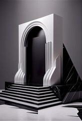 3d, abstract art deco geometric, a staircase with a white railing, illustration with rectangle font
