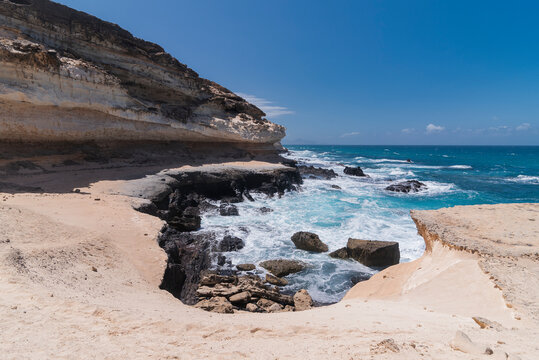 Huge White Rocky Desert Coastline Plateau With Feral Atlantic Ocean Waves And Many Rocks, West Coast, Fuerteventura 