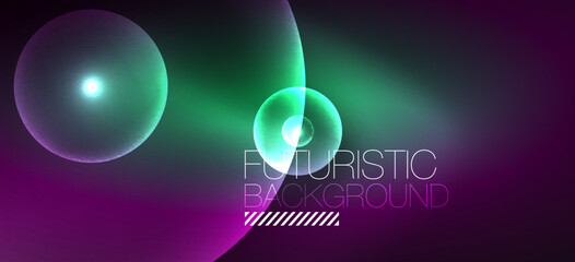 Abstract background with neon glowing light effects. Round shapes, triangles and circles. Wallpaper for concept of AI technology, blockchain, communication, 5G, science, business and technology