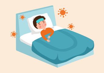 Children suffering from flu in bed under blanket. Sick kids has fever and take thermometer in mouth. Flu or cold allergy symptom cartoon. Influenza treatment. COVID-19 Coronavirus infection.