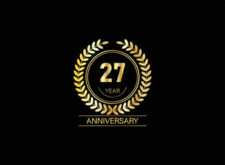 Naklejka premium 27 years anniversary logo. Vector and illustration. gold anniversary logo.