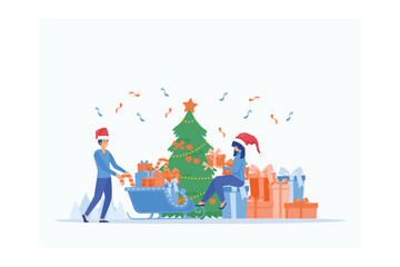 Concept of celebrating Christmas day during work holidays. people prepare Christmas parties and gifts, flat vector modern illustration