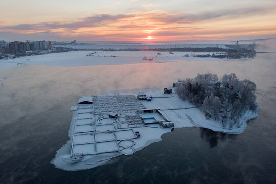 Winter aerial view of Babr island on Angara river in Irkutsk