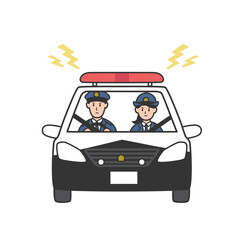 サイレンを鳴らしながらパトカーを運転する警察官のイラスト © Kumahara