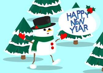 Snowman wearing hat and scarf with Happy New Year text. Holiday card, Winter event poster, banner.