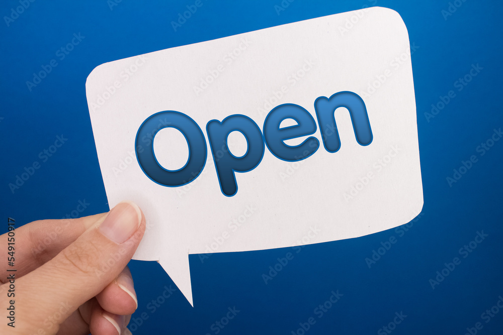Poster speech bubble in front of colored background with open text.