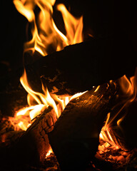 Burning firewood in the fireplace close-up