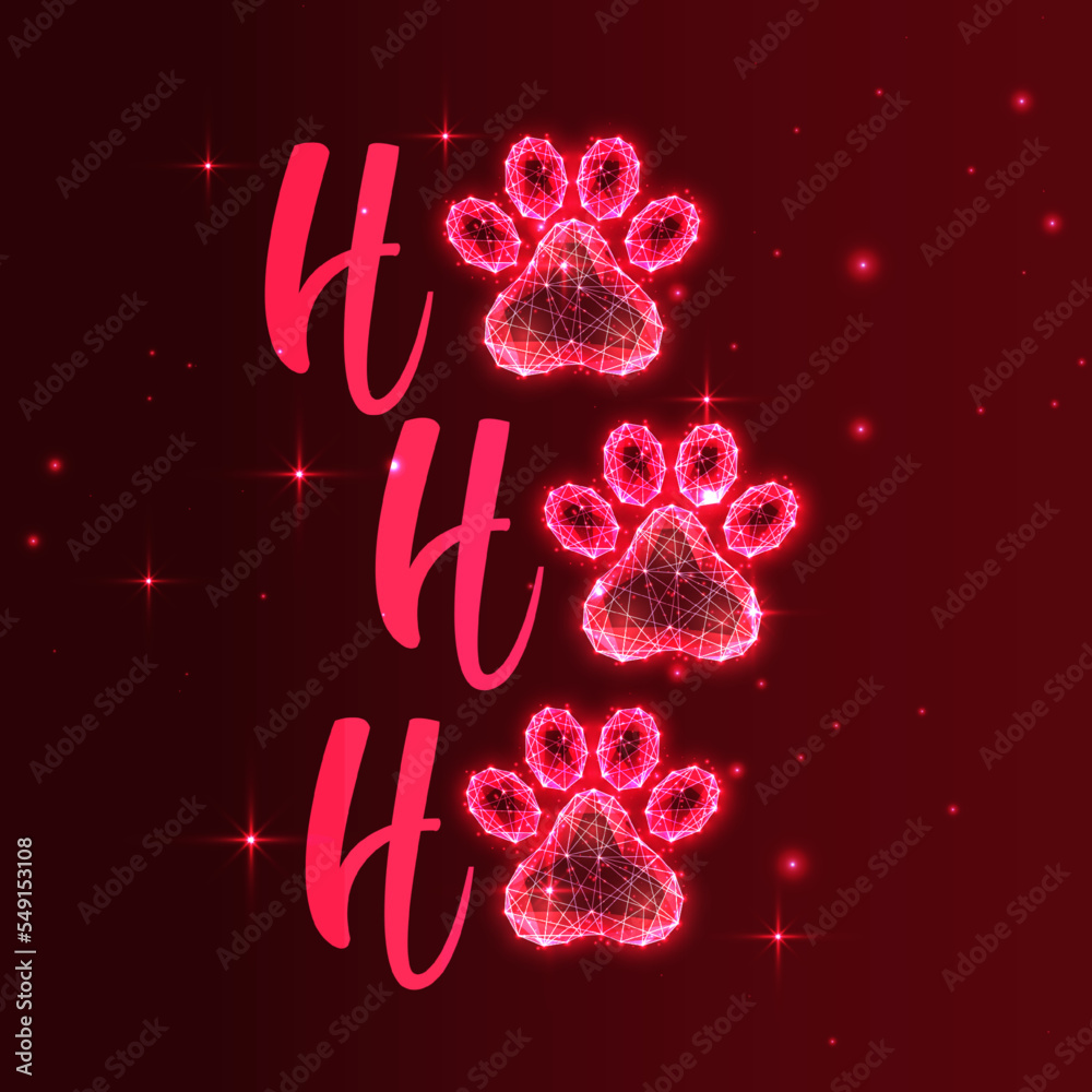 Wall mural dog or cat christmas greeting card with text ho ho ho and pet paws on dark red background