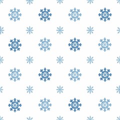 Symmetry snowflakes seamless pattern. Blue snowflakes on white background. Simple Christmas surface design