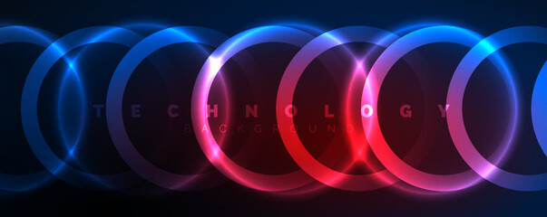 Neon shiny circles abstract background, technology energy space light concept, abstract background wallpaper design