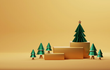 Gold edged podium and golden yellow christmas tree with edge elegant christmas and new year on golden yellow background.