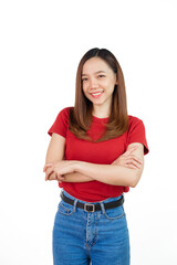 Pretty Asian people wearing red t-shirt for a woman isolated on white background.