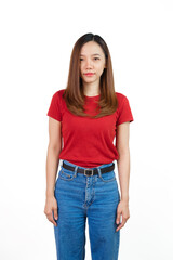 Fototapeta premium Pretty Asian people wearing red t-shirt for a woman isolated on white background.