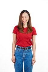 Obraz premium Pretty Asian people wearing red t-shirt for a woman isolated on white background.