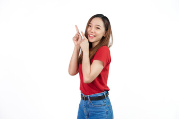 Obraz na płótnie Canvas Hand pointing, Pretty Asian people wearing red t-shirt for a woman isolated on white background.
