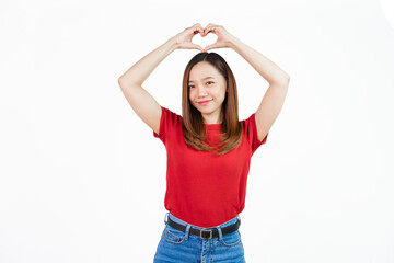 Fototapeta na wymiar Hands showing heart shape, Pretty Asian people wearing red t-shirt for a woman isolated on white background.