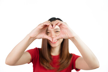 Hands showing heart shape, Pretty Asian people wearing red t-shirt for a woman isolated on white background.