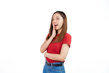 Wow, surprise, Pretty Asian people wearing red t-shirt for a woman isolated on white background.