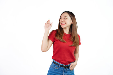 Obraz na płótnie Canvas Hand wave, bye bye, stop, Pretty Asian people wearing red t-shirt for a woman isolated on white background.