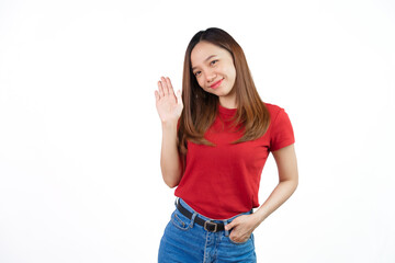 Obraz na płótnie Canvas Hand wave, bye bye, stop, Pretty Asian people wearing red t-shirt for a woman isolated on white background.